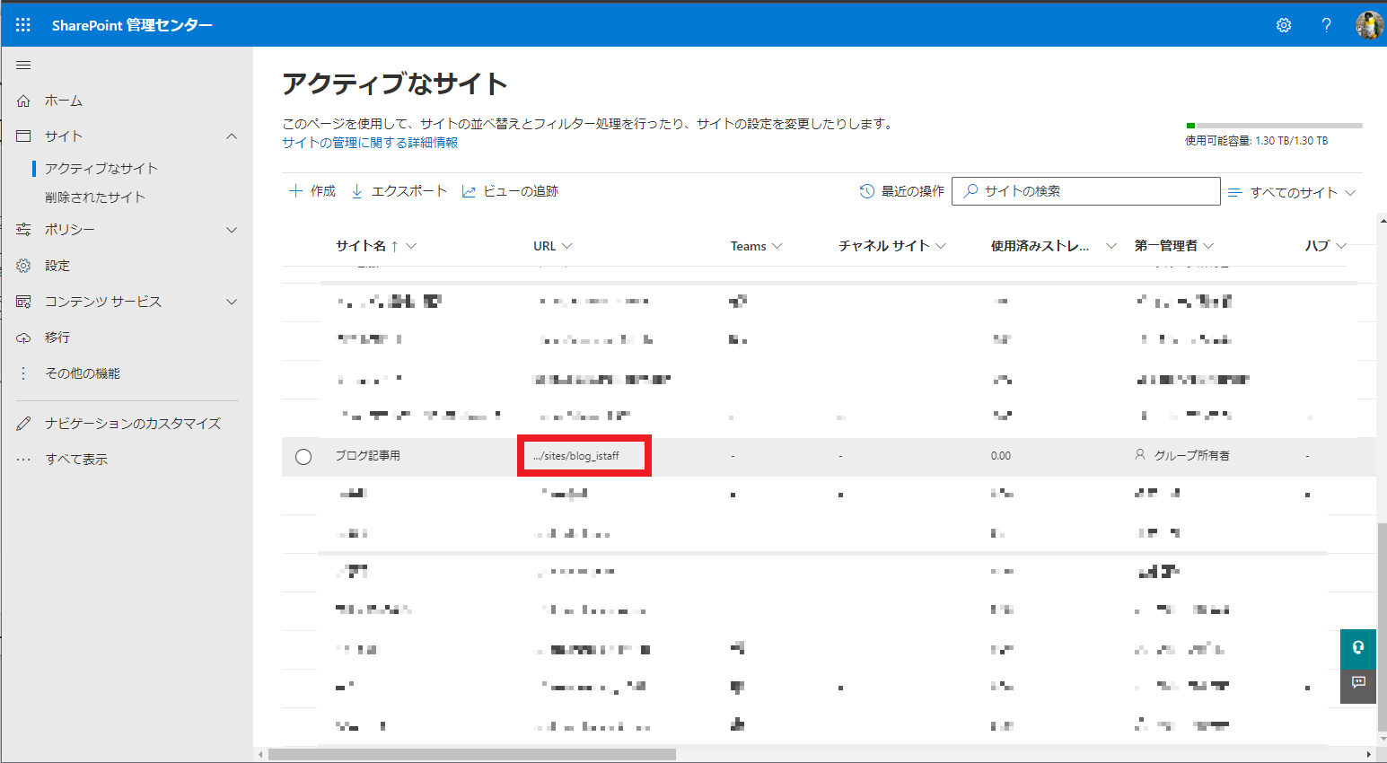 アクティブなサイト一覧